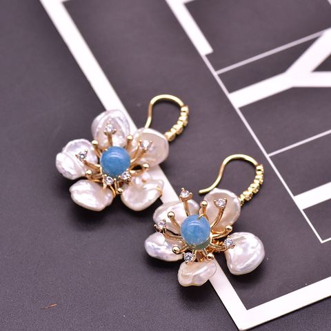 1 Pair Fashion Flower Turquoise Pearl 14K Gold Plated Earrings