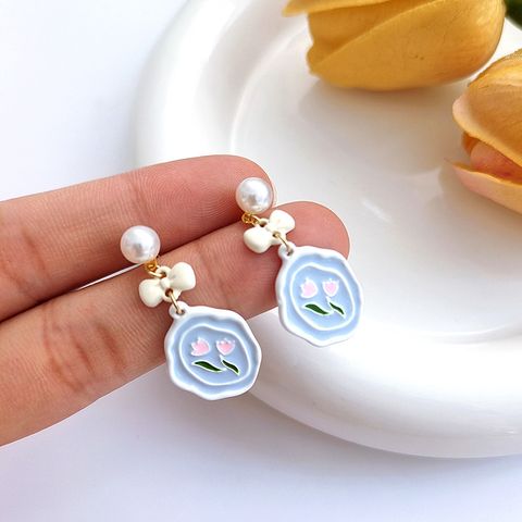 1 Pair Fashion Flower Alloy Plating Inlay Pearl Women's Drop Earrings