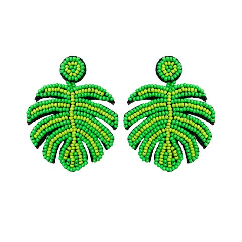 1 Pair Bohemian Leaf Cotton Thread Seed Bead Tassel Women's Drop Earrings