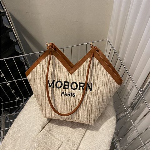 Women's Straw Letter Solid Color Fashion Weave Square Zipper Tote Bag