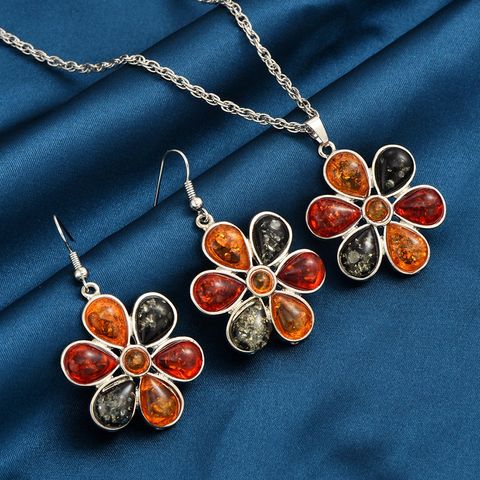 1 Set Classic Style Flower Alloy Inlay Resin Women's Earrings Necklace Jewelry Set