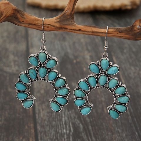 1 Pair Ethnic Style Water Droplets Alloy Plating Inlay Turquoise Women's Drop Earrings