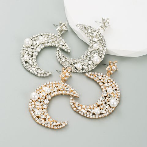 1 Pair Elegant Luxurious Queen Moon Inlay Alloy Rhinestones Pearl Drop Earrings