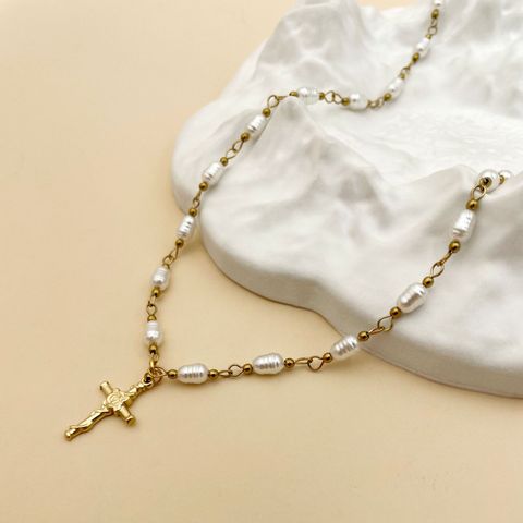 Fashion Cross Stainless Steel Titanium Steel Pearl Plating Pendant Necklace 1 Piece
