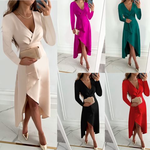 Women's Irregular Skirt Elegant V Neck Long Sleeve Solid Color Maxi Long Dress Banquet