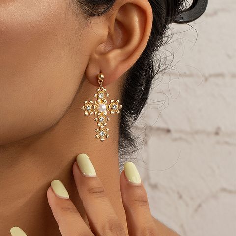 1 Pair Fashion Cross Alloy Plating Artificial Pearls Rhinestones Women's Drop Earrings
