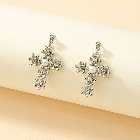1 Pair Fashion Cross Alloy Plating Artificial Pearls Rhinestones Women's Drop Earrings