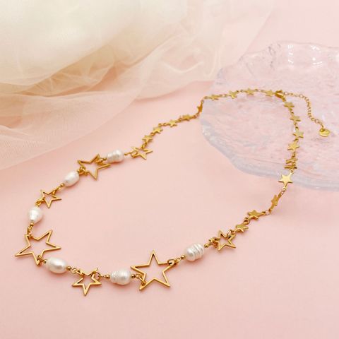 Fashion Star Stainless Steel Inlay Artificial Pearls Necklace