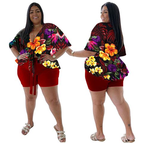 Women's Casual Printing Flower Polyester Twilled Satin Pants Sets