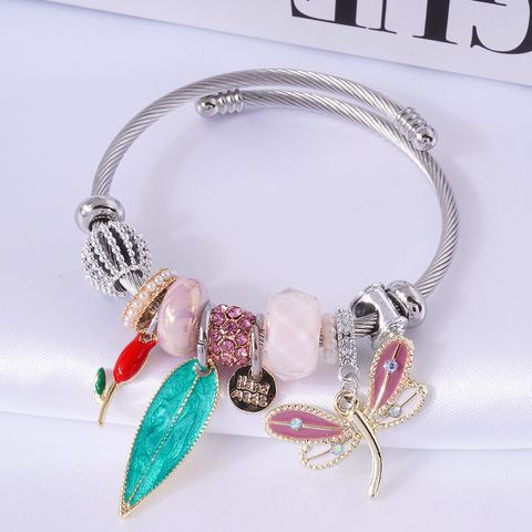 Fashion Dragonfly Alloy Steel Patchwork Inlay Artificial Gemstones Pearl Women's Bangle 1 Piece