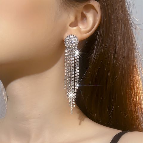 Luxurious Geometric Rhinestone Tassel Drop Earrings 1 Pair