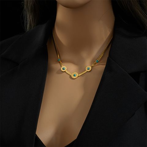 Fashion Round Oval Titanium Steel Inlay Turquoise Necklace 1 Piece