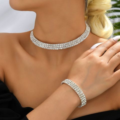 Nupcial Ronda Aleación Embutido Diamantes De Imitación Pulsera Collar