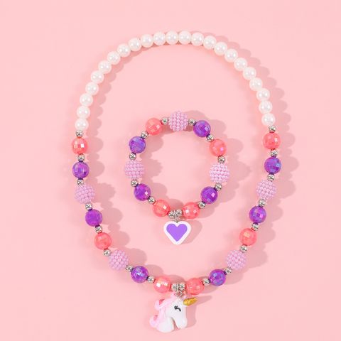 Sweet Heart Shape Unicorn Resin Beaded Girl's Necklace 1 Piece
