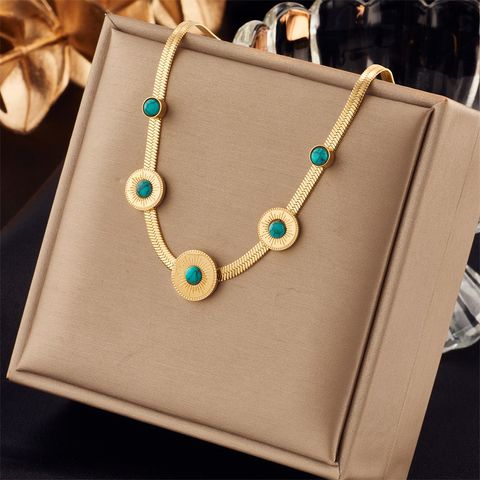 304 Stainless Steel 18K Gold Plated Retro Enamel Plating Inlay Round Resin Necklace