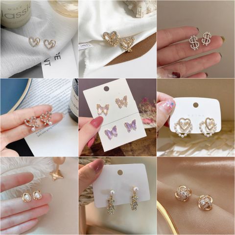Fashion Heart Shape Bow Knot Alloy Inlay Artificial Pearls Rhinestones Women's Ear Studs 1 Pair
