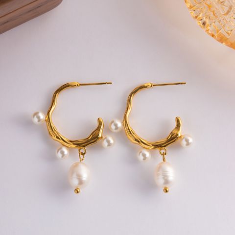1 Pair Fashion C Shape Inlay Stainless Steel Pearl Drop Earrings