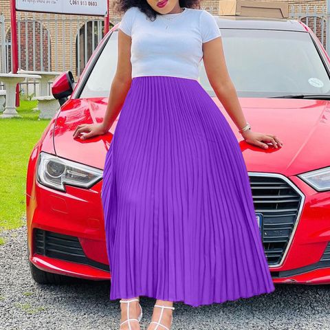 Fashion Solid Color Spandex Polyester Plus Size Pleated Skirt