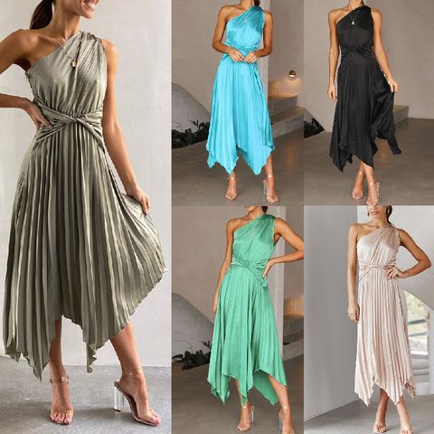 Women's Sheath Dress Fashion Collarless Pleated Sleeveless Solid Color Maxi Long Dress Daily
