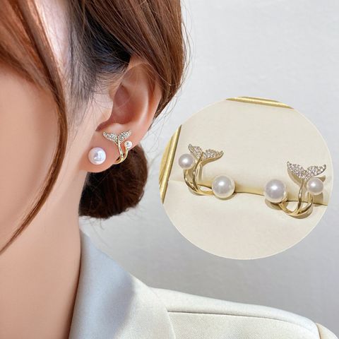 Simple Style Geometric Fish Tail Alloy Pearl Diamond Artificial Gemstones Women's Ear Studs