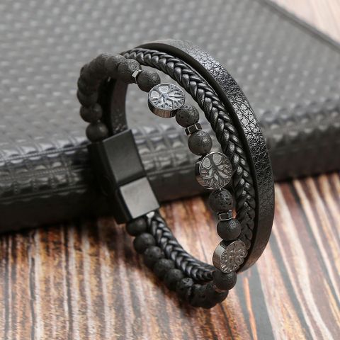 Retro Round Stainless Steel Natural Stone Volcanic Rock Magnet Beaded Men's Bracelets 1 Piece