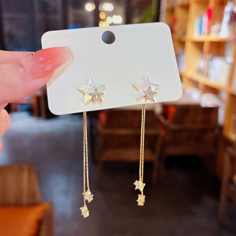 1 Pair Sweet Star Moon Mixed Materials Tassel Inlay Artificial Gemstones Women's Drop Earrings