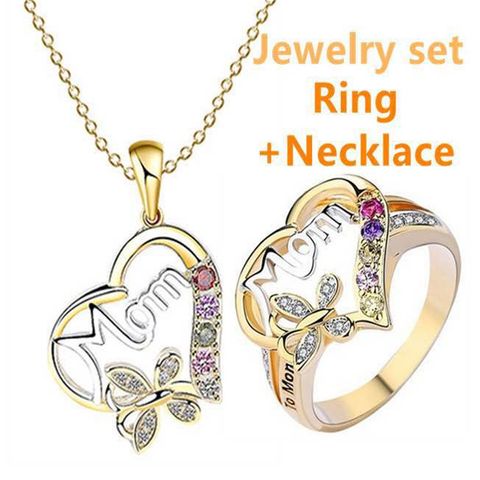 Fashion Letter Heart Shape Butterfly Alloy Inlay Artificial Gemstones Mother's Day Women's Rings Necklace 1 Set