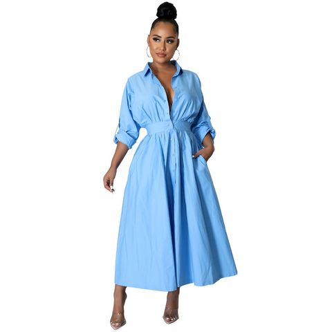 Women's Shirt Dress Fashion Turndown Long Sleeve Solid Color Maxi Long Dress Daily