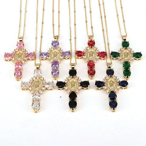 Ethnischer Stil Kreuzen Kupfer Vergoldet Inlay Zirkon Halskette Mit Anhänger 1 Stück