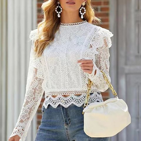 Women's Eyelet Top Long Sleeve Blouses Patchwork Lace Casual Flower
