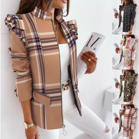 Frau Britischer Stil Streifen Leopard Reißverschluss Mantel Blazer