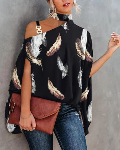 Women's Short Sleeve Blouses Printing Fashion Leaf Color Block Feather