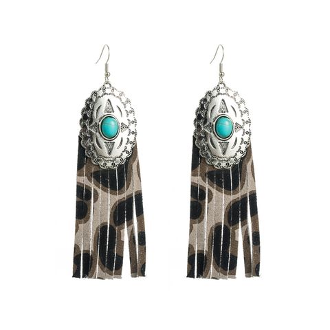 1 Pair Retro Ethnic Style Oval Tassel Plating Inlay Pu Leather Alloy Turquoise Silver Plated Drop Earrings