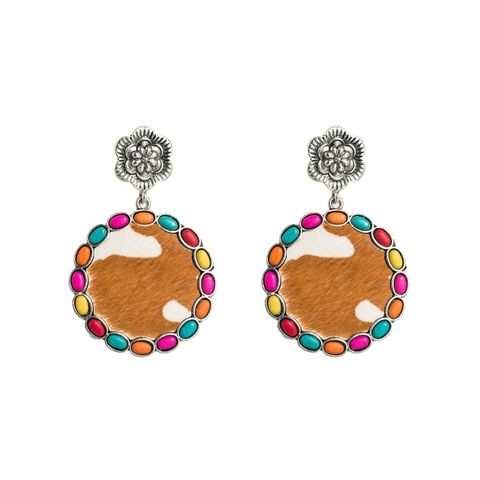 1 Pair Retro Bohemian Round Flower Plating Inlay Pu Leather Alloy Turquoise Silver Plated Drop Earrings