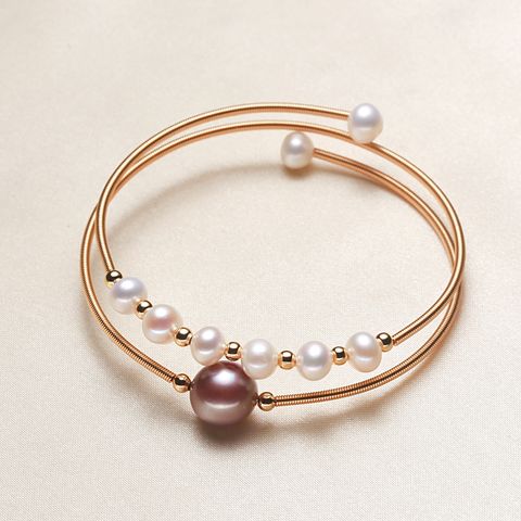 Fashion Geometric Copper Gold Plated Inlaid Pearls Bangle 1 Piece