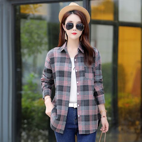 Women's Shacket Long Sleeve Blouses Patchwork Casual Plaid