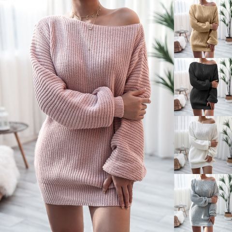 Women's Sweater Dress Elegant Boat Neck Long Sleeve Solid Color Above Knee Daily
