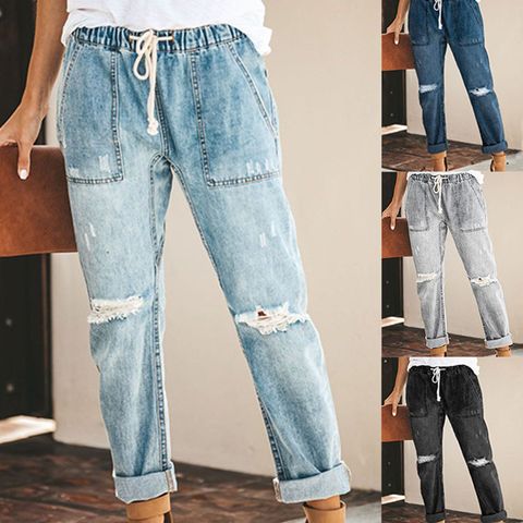Women's Daily Fashion Solid Color Full Length Washed Ripped Jeans