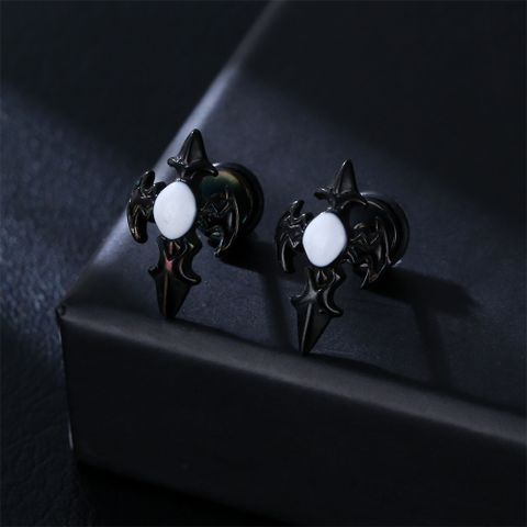 Retro Oval Stainless Steel Inlay Artificial Gemstones Ear Studs 1 Pair
