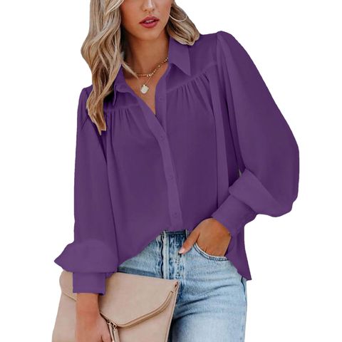 Women's Blouse Long Sleeve Blouses Patchwork Button Elegant Solid Color