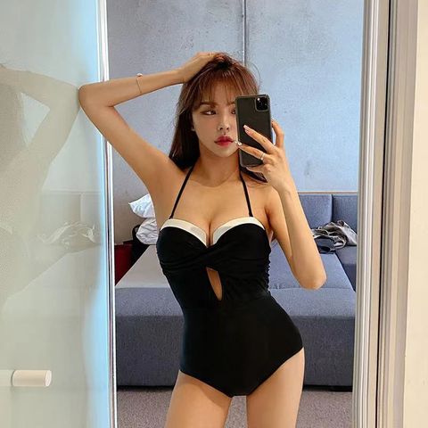 Korean Sexy Yellow White Suspenders Backless One-piece Triangle Swimsuit