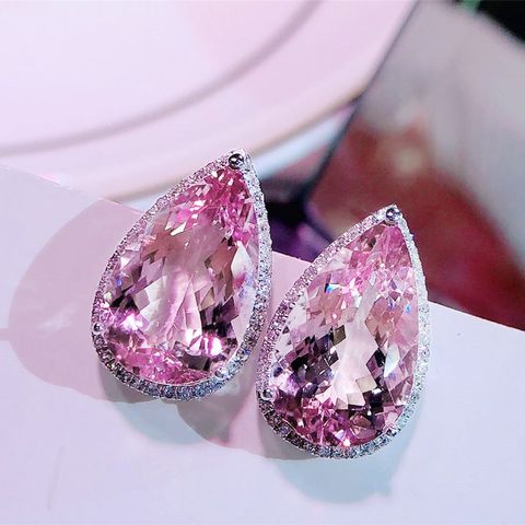 Fashion New Earrings Pear-shaped Water Drop Pink Zircon Earrings Valentine's Day