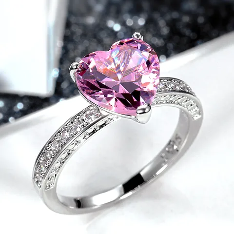 Nuevos Anillos De Boda Incrustados Con Anillo De Cobre De Circonita De Diamante Rosa En Forma De Corazón Aaa