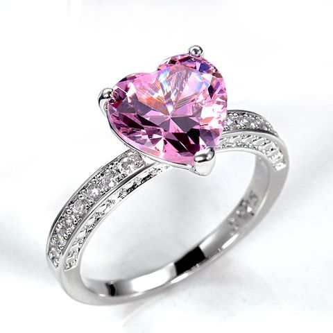 New Wedding Rings Inlaid With Aaa Heart-shaped Pink Diamond Zircon Copper Ring