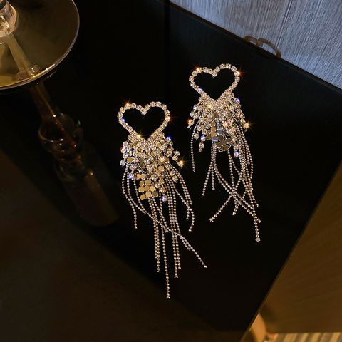 Fashion Rhinestone-studded Rice Beads Heart Tassel Earrings Wholesale