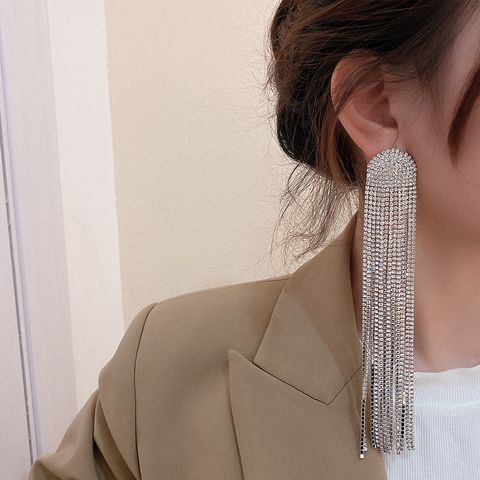 Fashion Full Rhinestone Tassel Geometric Earrings Wholesale