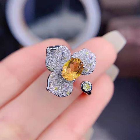 Fashion Copper Three-leaf Flower Yellow Diamond Color Treasure Opening Ring