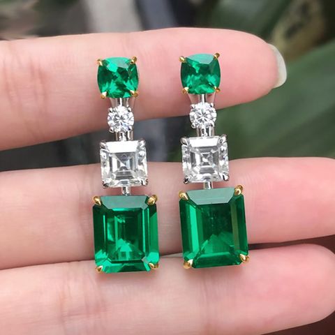 Vintage Geometric Emeraldinlaid Zircon Copper Earrings