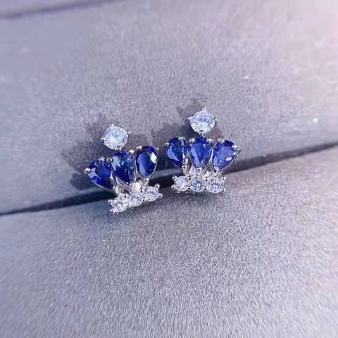 Vintage Inlaid Semi-precious Stone Blue Crown Copper Earrings  Wholesale