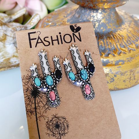 New Retro Cactus Earrings Inlaid Colorful Turquoise Exaggerated Earrings Wholesale